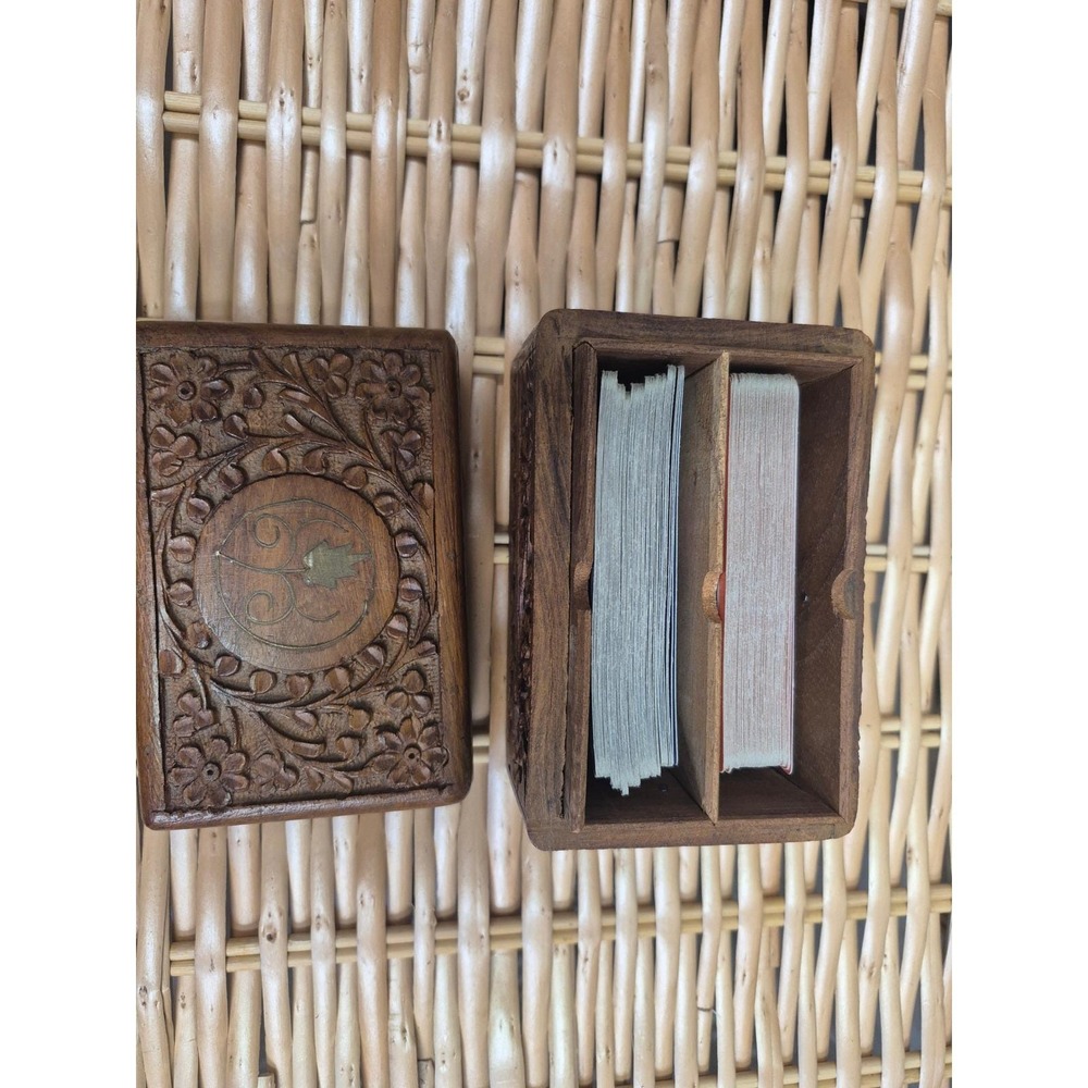 Vintage Hand Carved Wood Playing Card Box with 2 Butterfly Decks Brass Inlay